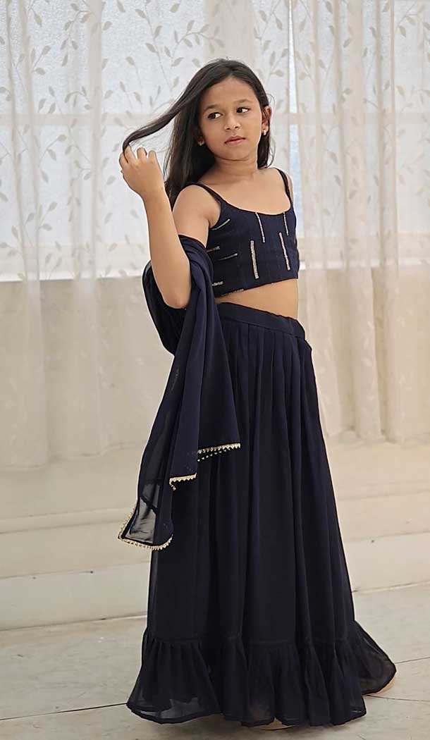 Navy Blue Faux Georgette Digital Printed Kids Girls Readymade Lehenga Choli - 147291478