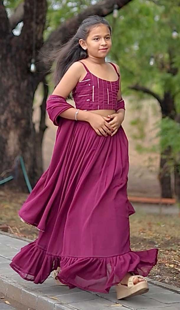 Wine Faux Georgette Digital Printed Kids Girls Readymade Lehenga Choli - 147291479
