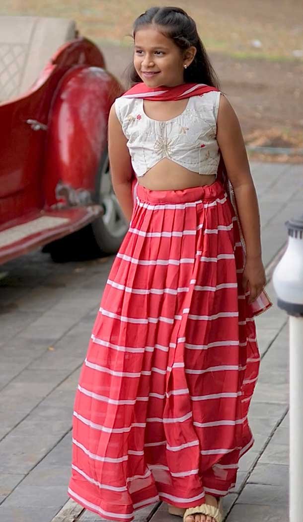 Red Faux Georgette Digital Printed Kids Girls Readymade Lehenga Choli - 147291480