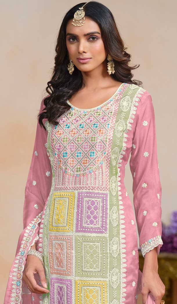 Organza Embroidered Party Wear Designer Salwar Suit In Pink - 147541655