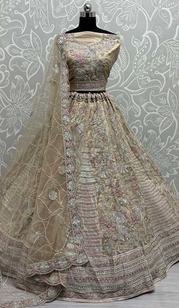 Gadwal Silk Thread Embroidered Wedding Lehenga Choli In Beige - 147731761