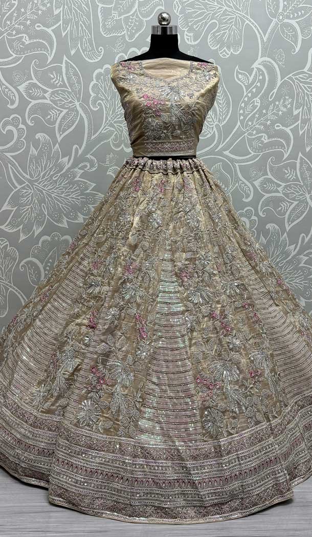 Gadwal Silk Thread Embroidered Wedding Lehenga Choli In Beige - 147731761