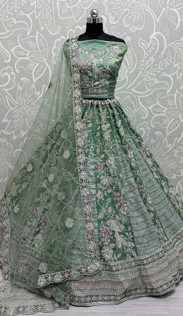 Gadwal Silk Thread Embroidered Wedding Lehenga Choli In Green - 147731762