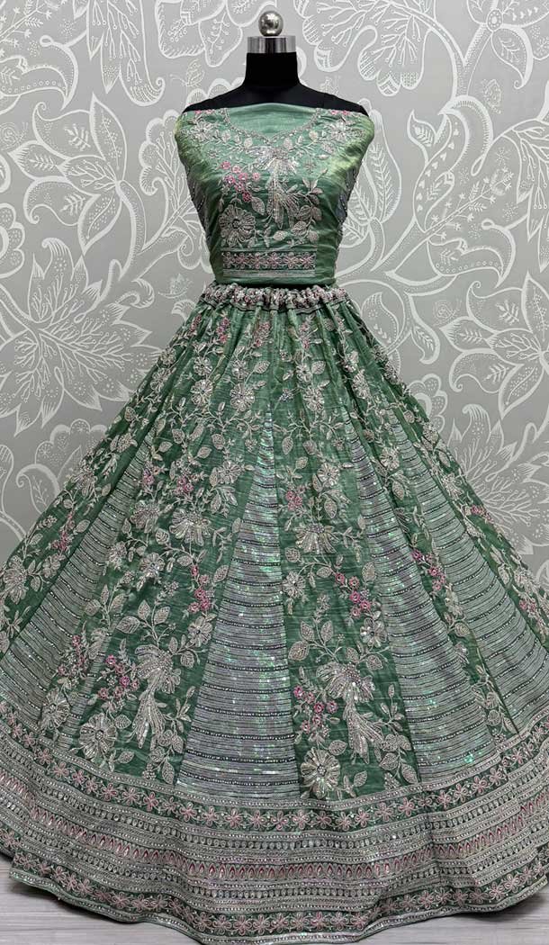 Gadwal Silk Thread Embroidered Wedding Lehenga Choli In Green - 147731762