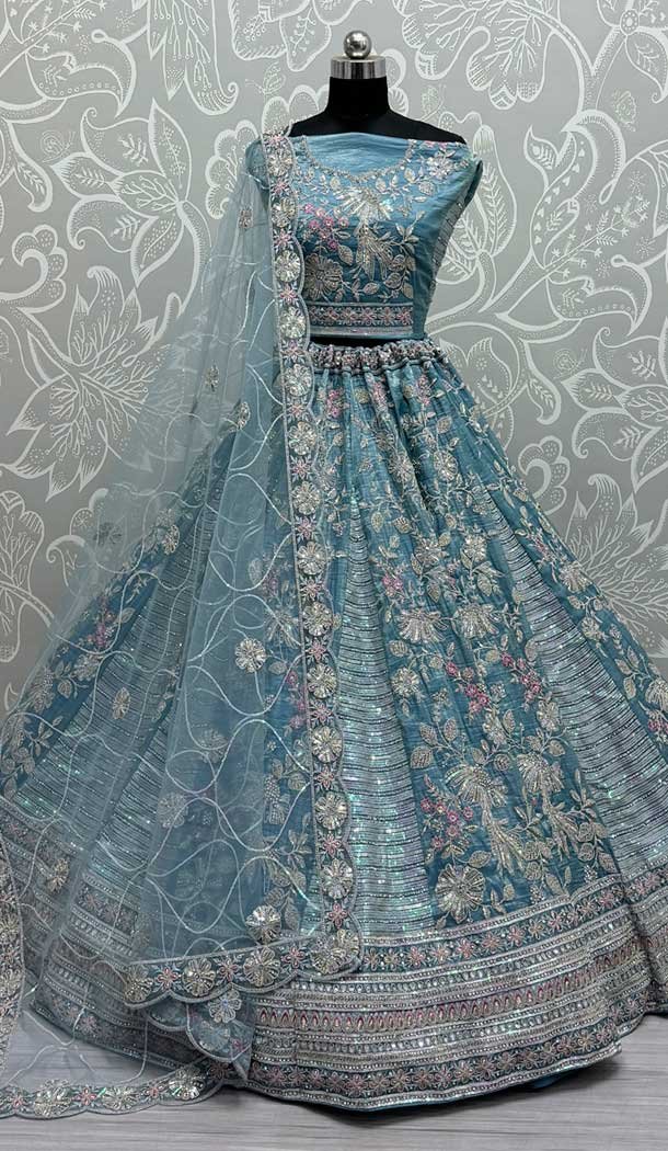 Gadwal Silk Thread Embroidered Wedding Lehenga Choli In Blue - 147731763