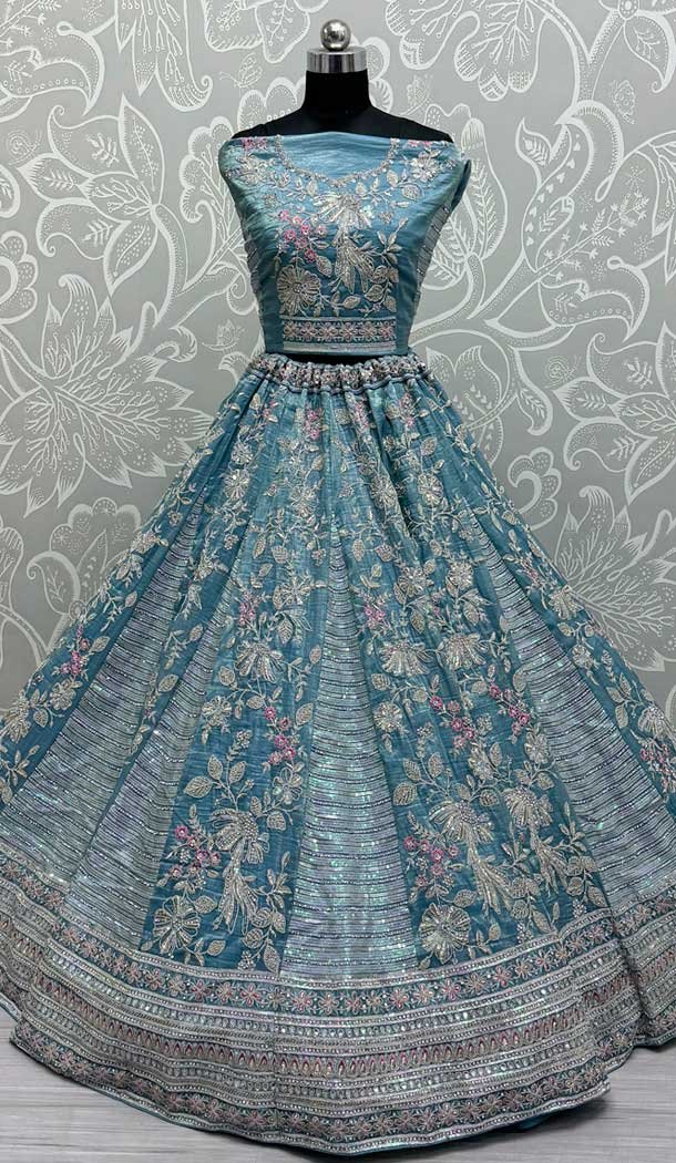 Gadwal Silk Thread Embroidered Wedding Lehenga Choli In Blue - 147731763