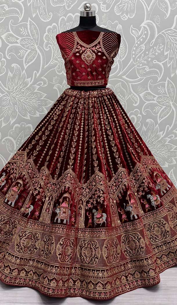 Velvet Maroon Thread Work Wedding Wear Designer Lehenga Choli - 147741769