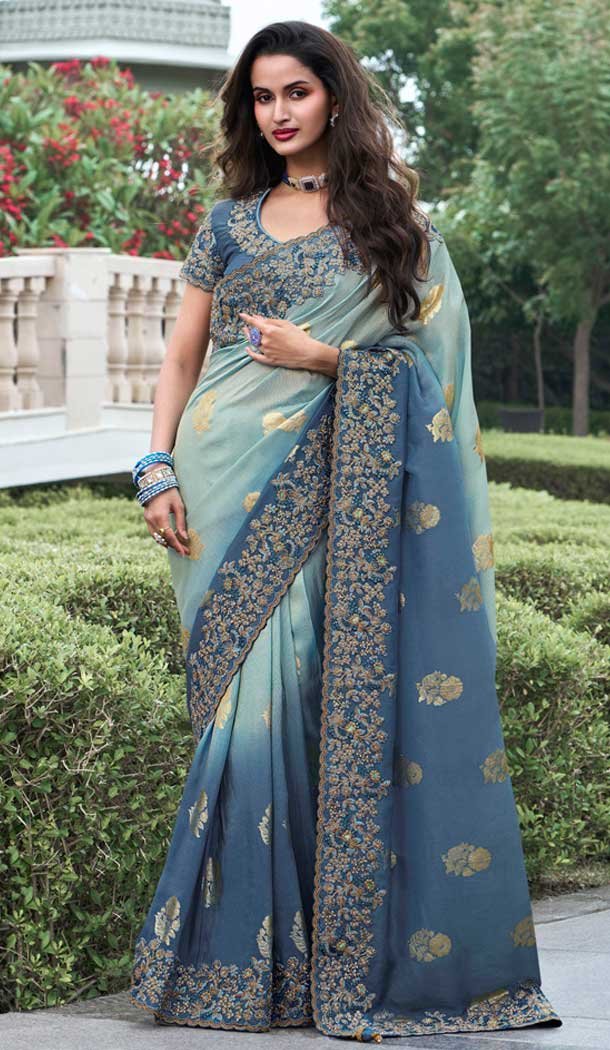 Tissue Silk Embroidered Wedding Wear Saree In Blue - 147861848 Tissue Silk Embroidered Wedding Wear Saree In Blue - 147861848
