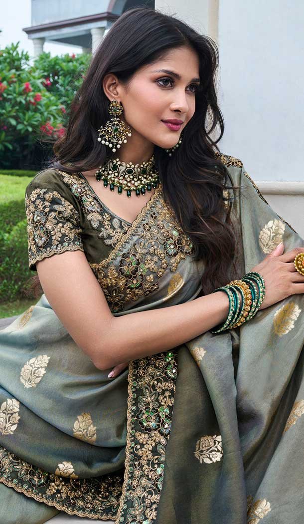 Tissue Silk Embroidered Wedding Wear Saree In Grey - 147861853 Tissue Silk Embroidered Wedding Wear Saree In Grey - 147861853