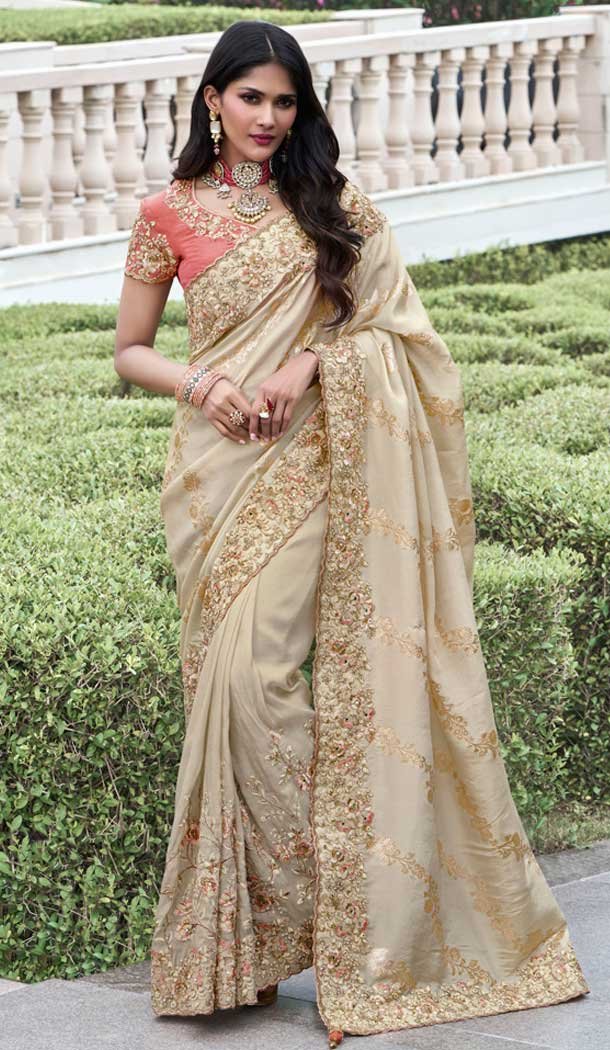 Tissue Silk Beige Embroidered Wedding Wear Saree - 147861855 Tissue Silk Beige Embroidered Wedding Wear Saree - 147861855