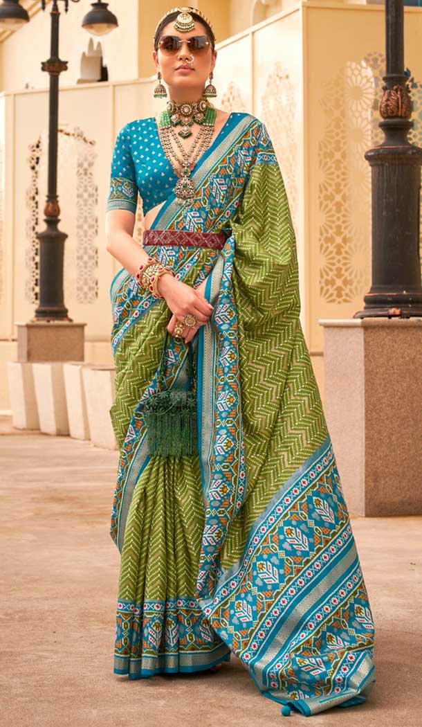 Mahendi Green Silk Patola Printed Traditional Party Wear Saree - 147871858