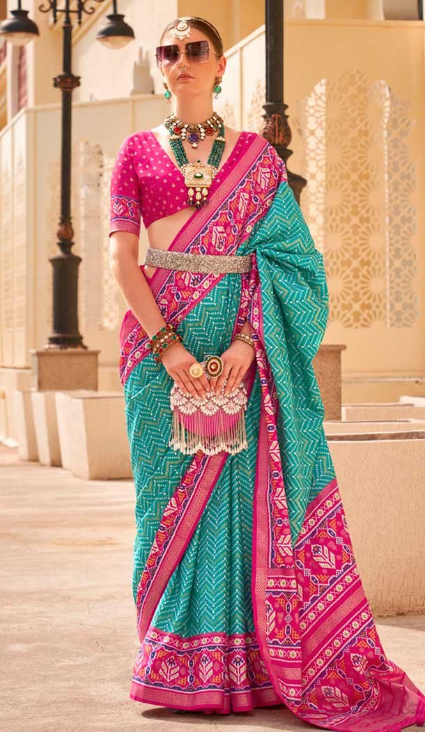 Sea Green Silk Patola Printed Traditional Party Wear Saree - 147871859