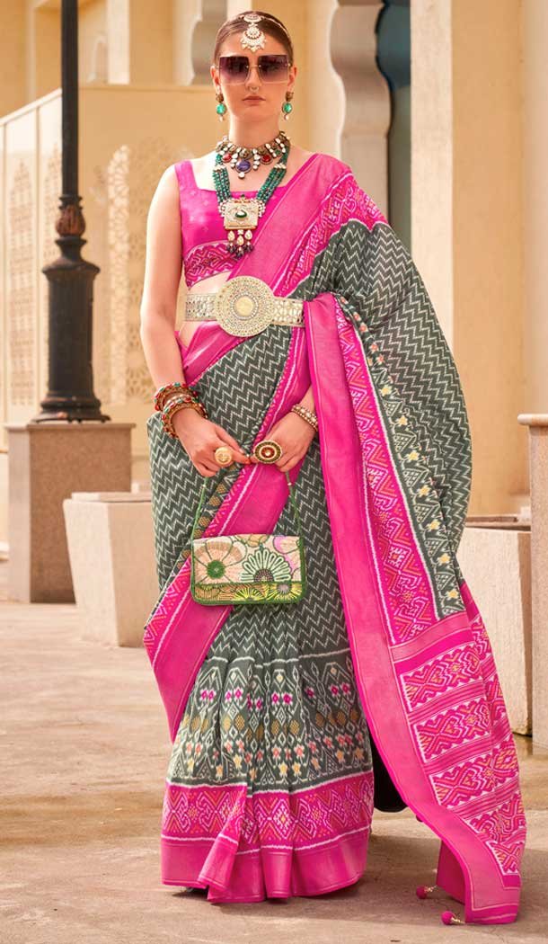Grey Silk Patola Printed Traditional Party Wear Saree - 147871861