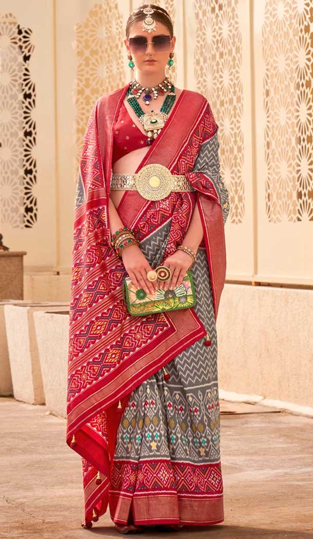 Silk Patola Printed Traditional Party Wear Saree In Grey - 147871863