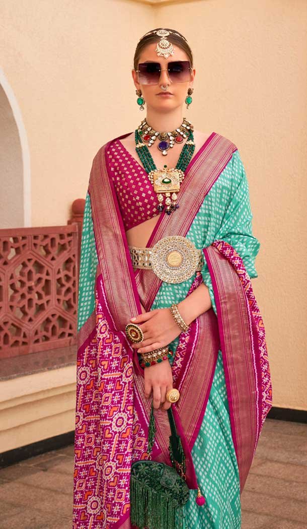 Silk Patola Printed Traditional Party Wear Saree In Sea Green  - 147871867