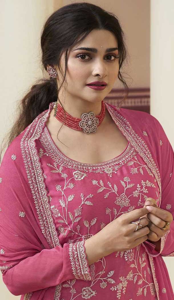 Pink Chinon Embroidered Prachi Desai Sharara Suit - 9676188786