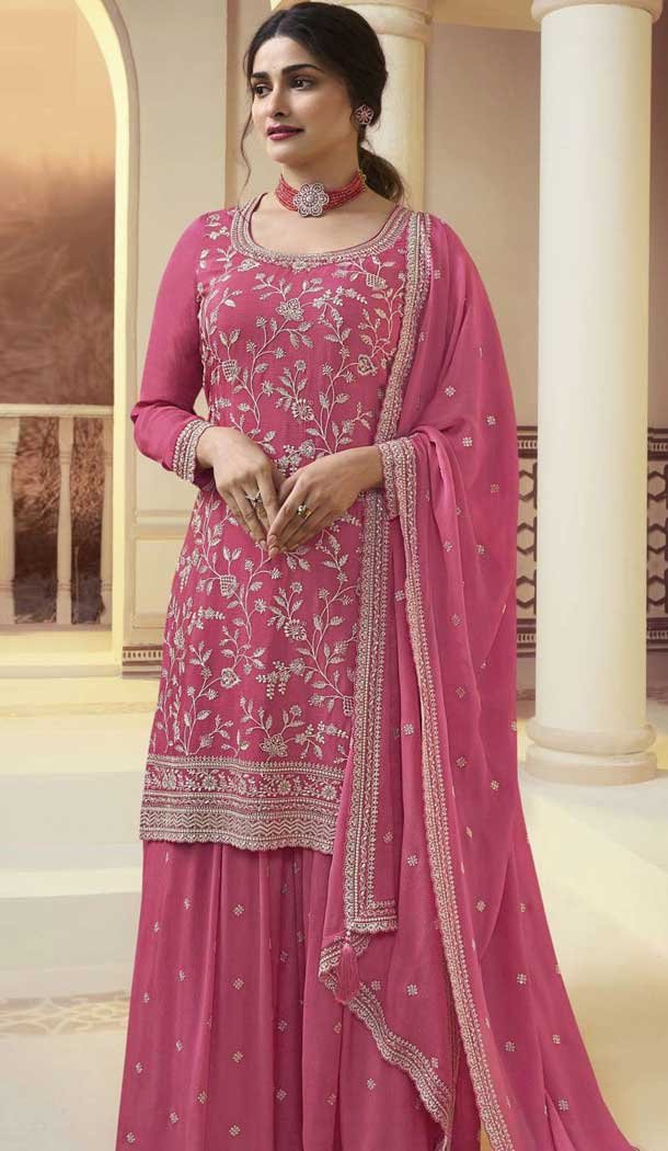 Pink Chinon Embroidered Prachi Desai Sharara Suit - 9676188786