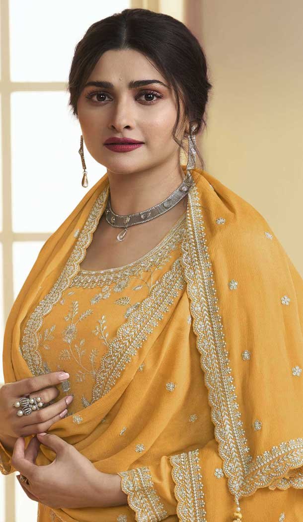 Yellow Chinon Embroidered Prachi Desai Sharara Suit - 9676188788