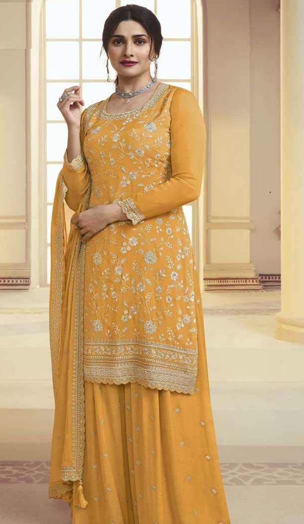 Yellow Chinon Embroidered Prachi Desai Sharara Suit - 9676188788