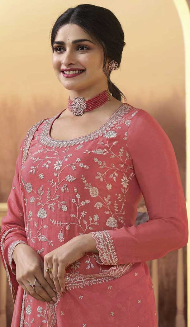 Orange Chinon Embroidered Prachi Desai Sharara Suit - 9676188789