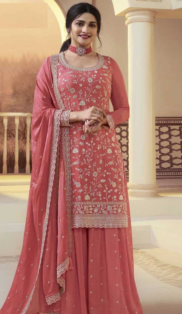 Orange Chinon Embroidered Prachi Desai Sharara Suit - 9676188789