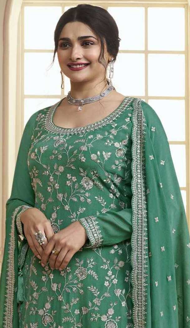 Green Chinon Embroidered Prachi Desai Sharara Suit - 9676188790