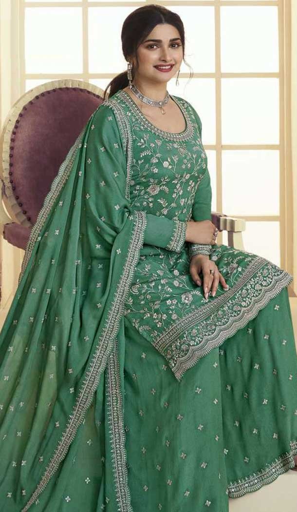 Green Chinon Embroidered Prachi Desai Sharara Suit - 9676188790