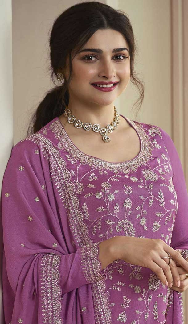 Purple Chinon Embroidered Prachi Desai Sharara Suit - 9676188791