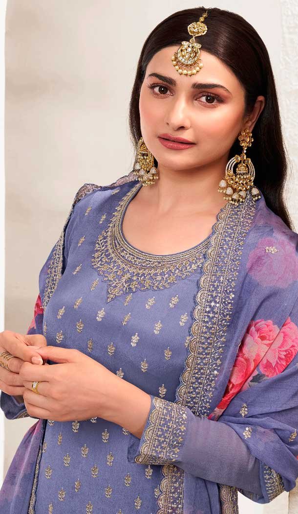 Violet Chinon Embroidered Party Wear Prachi Desai Sharara Suit - 9686188859