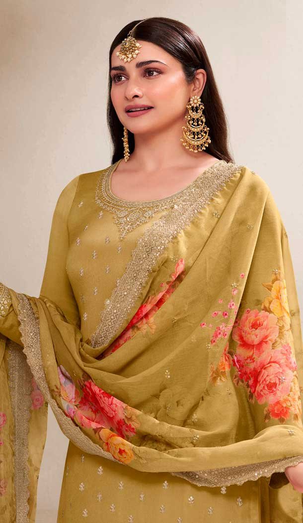 Mustard Chinon Embroidered Party Wear Prachi Desai Sharara Suit - 9686188860