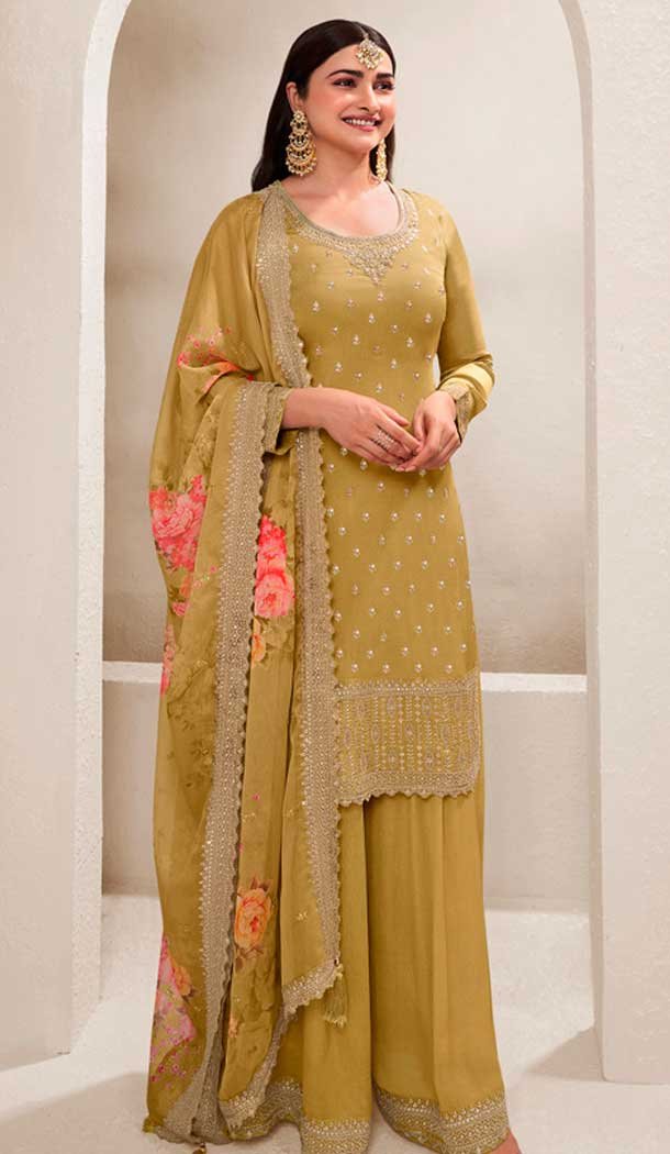 Mustard Chinon Embroidered Party Wear Prachi Desai Sharara Suit - 9686188860