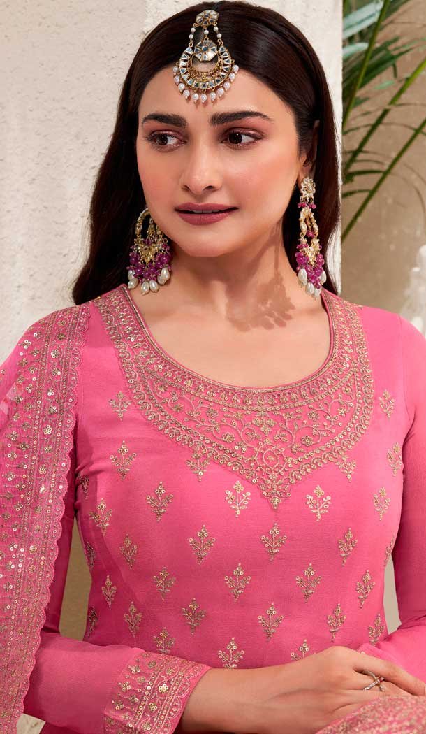 Pink Chinon Embroidered Party Wear Prachi Desai Sharara Suit - 9686188861
