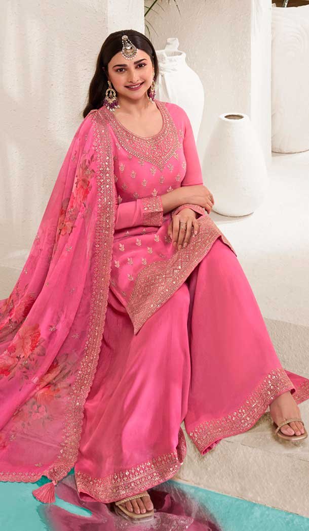 Pink Chinon Embroidered Party Wear Prachi Desai Sharara Suit - 9686188861