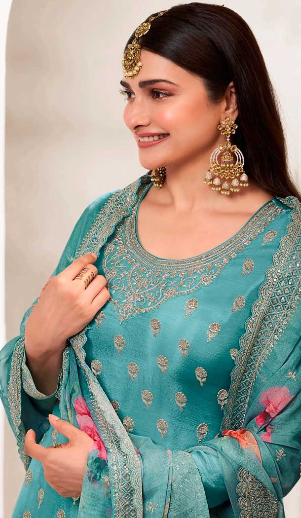 Sky Blue Chinon Embroidered Party Wear Prachi Desai Sharara Suit - 9686188862