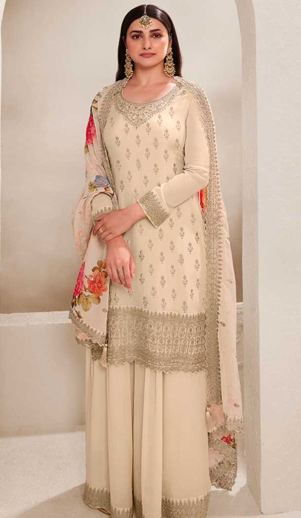 Cream Chinon Embroidered Party Wear Prachi Desai Sharara Suit - 9686188863
