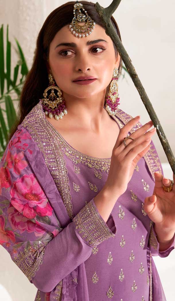 Purple Chinon Embroidered Party Wear Prachi Desai Sharara Suit - 9686188864