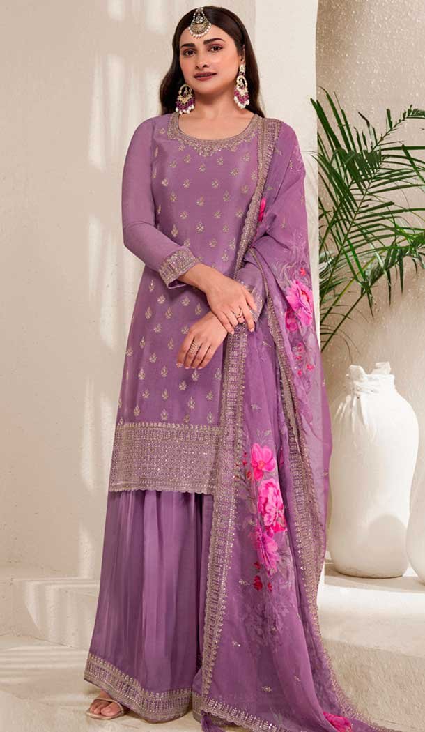 Purple Chinon Embroidered Party Wear Prachi Desai Sharara Suit - 9686188864