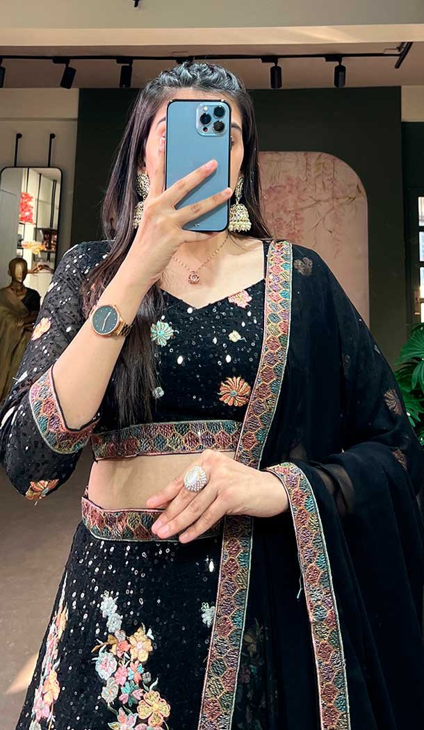 Georgette Sequins Work Party Wear Lehenga Choli In Black - 9706188949
