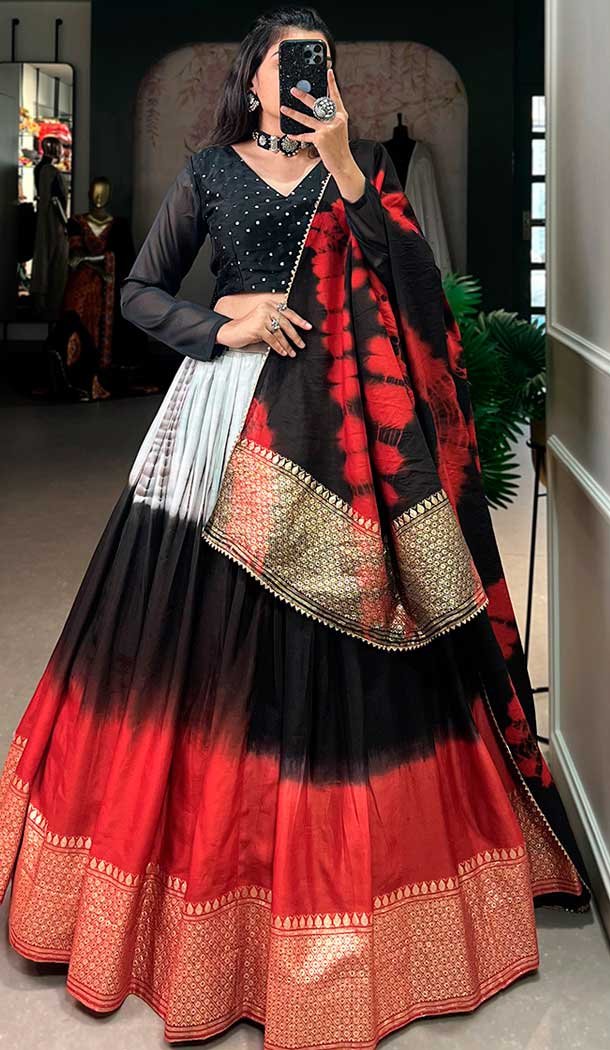 Pure Chanderi Weaving Work Navratri Wear Lehenga Choli In Multi Color - 9707188951