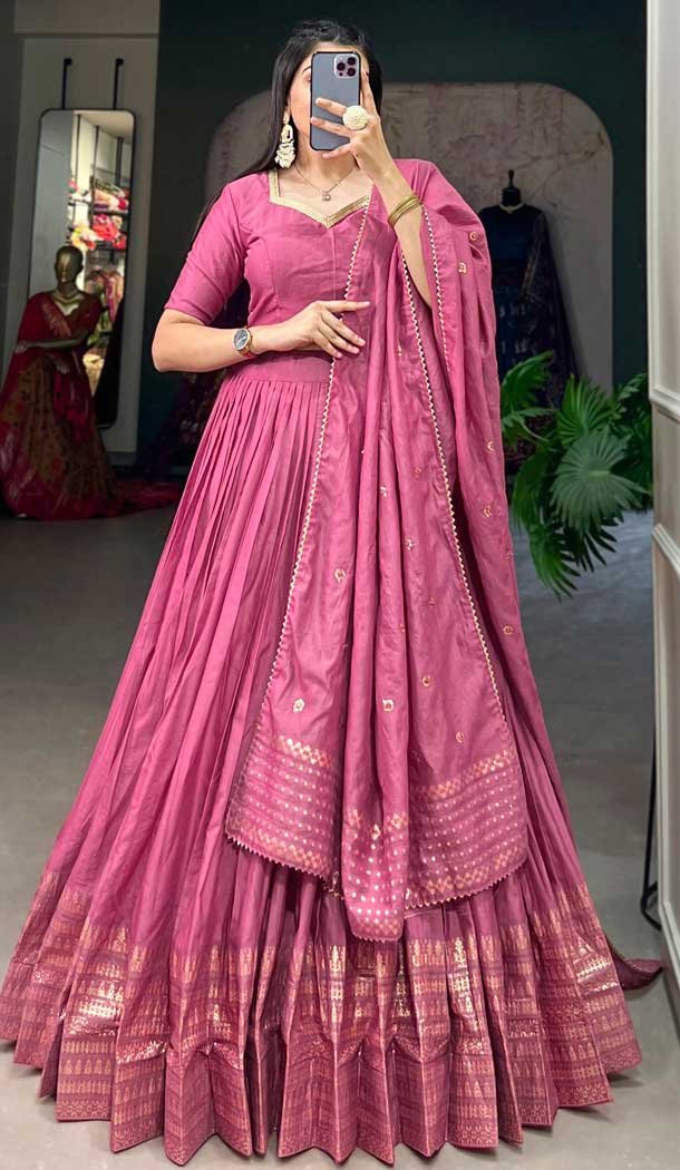 Pure Chanderi Weaving Work Navratri Wear Lehenga Choli In Pink - 9707188952