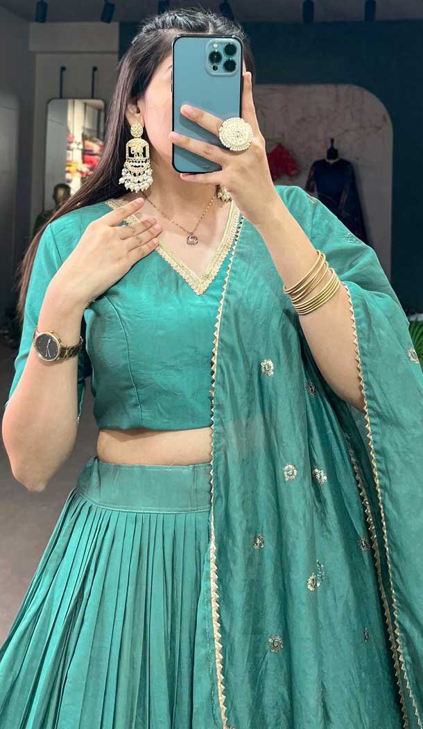 Pure Chanderi Weaving Work Navratri Wear Lehenga Choli In Sea Green - 9707188955
