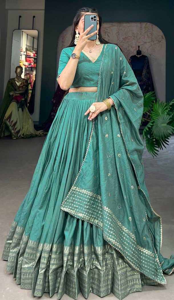 Pure Chanderi Weaving Work Navratri Wear Lehenga Choli In Sea Green - 9707188955
