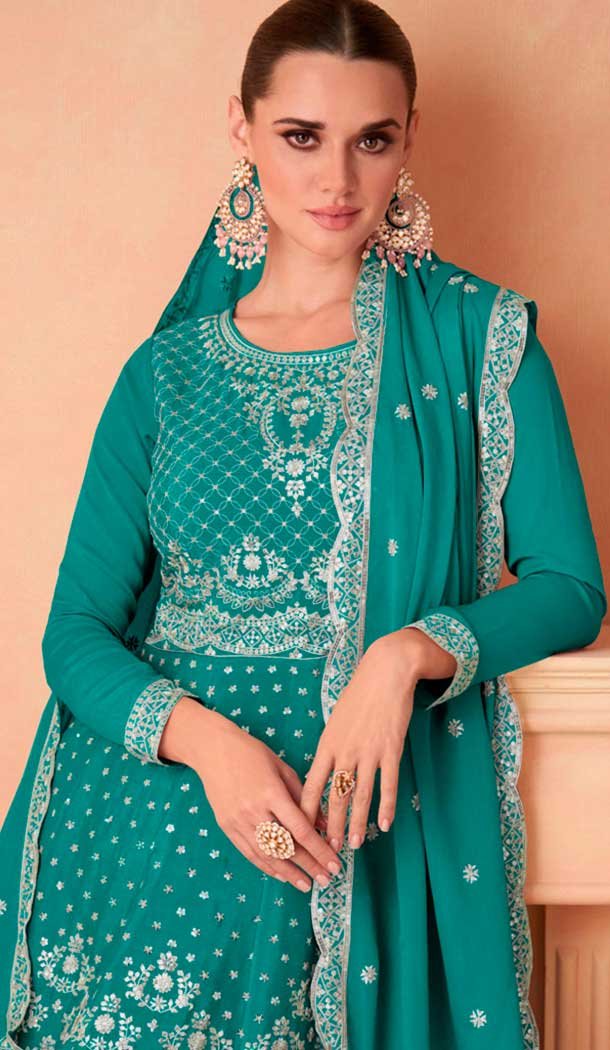 Sea Green Chinon Silk Embroidered Readymade Sharara Suit - 9727189106