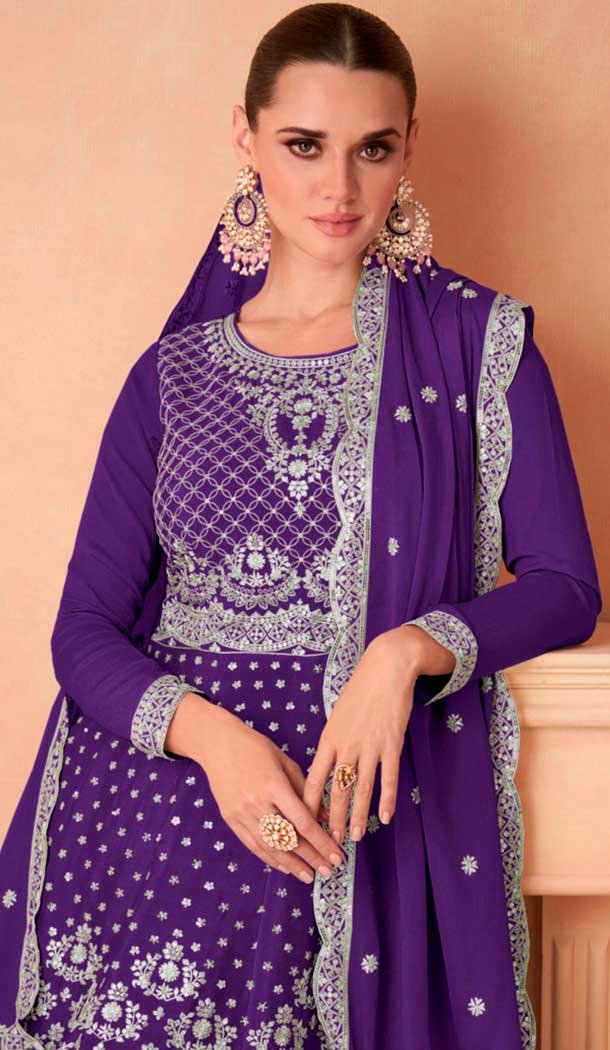 Purple Chinon Silk Embroidered Readymade Sharara Suit - 9727189107