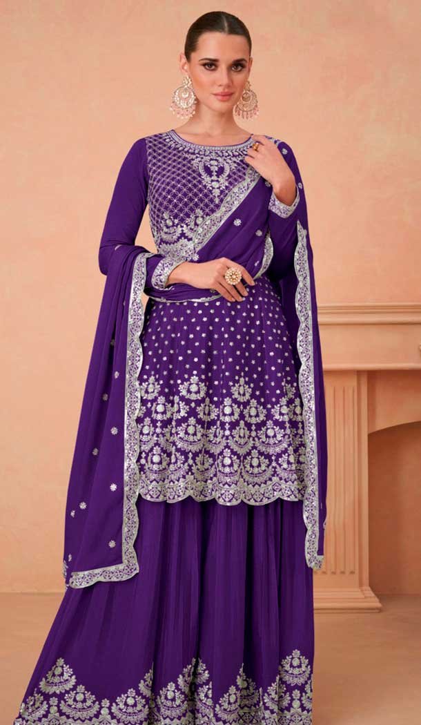 Purple Chinon Silk Embroidered Readymade Sharara Suit - 9727189107