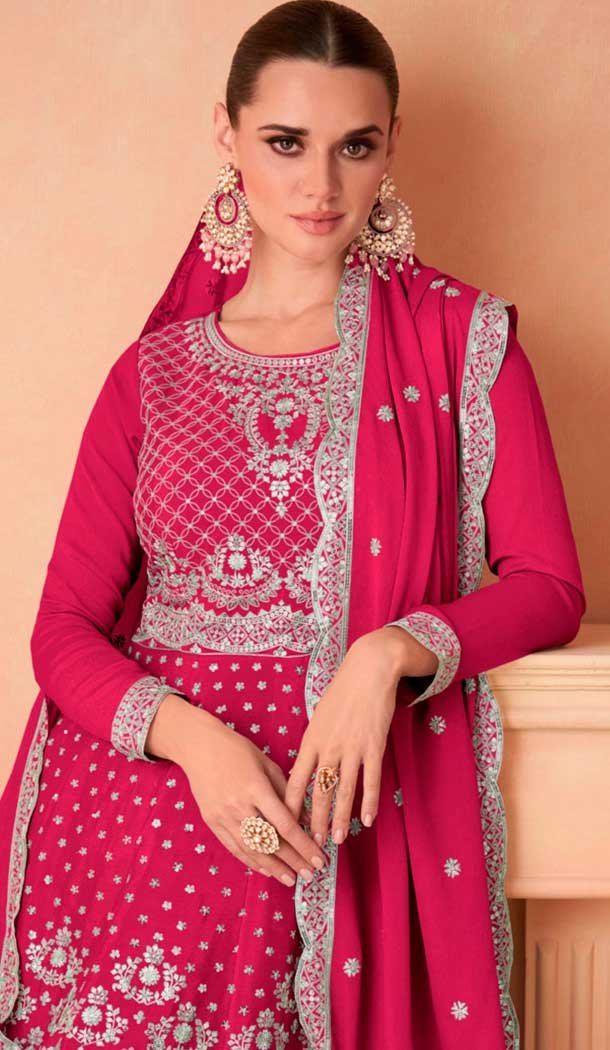 Fuchsia Chinon Silk Embroidered Readymade Sharara Suit - 9727189108