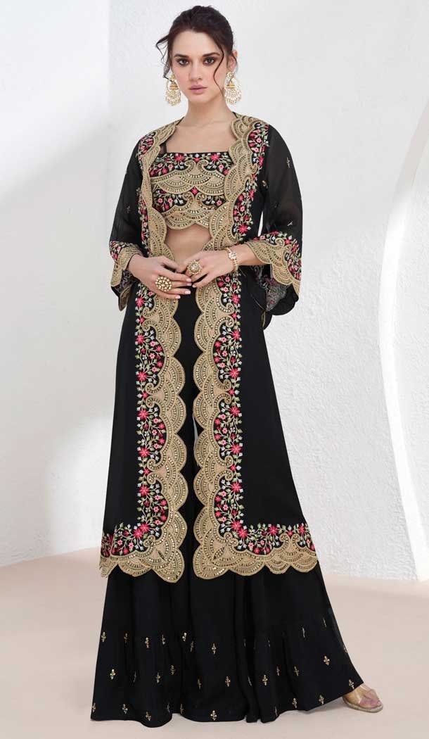 Black Georgette Embroidered Party Wear Readymade Salwar Suit - 9729189115