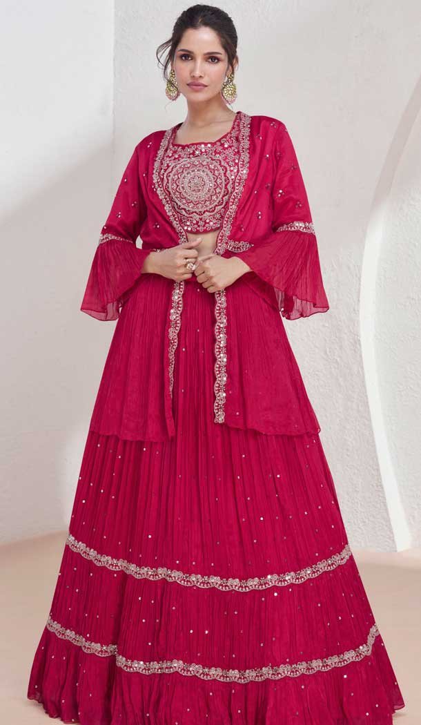 Trendy Rani Pink Georgette Designer Party Wear Readymade Salwar Suit With Rani Pink Georgette
