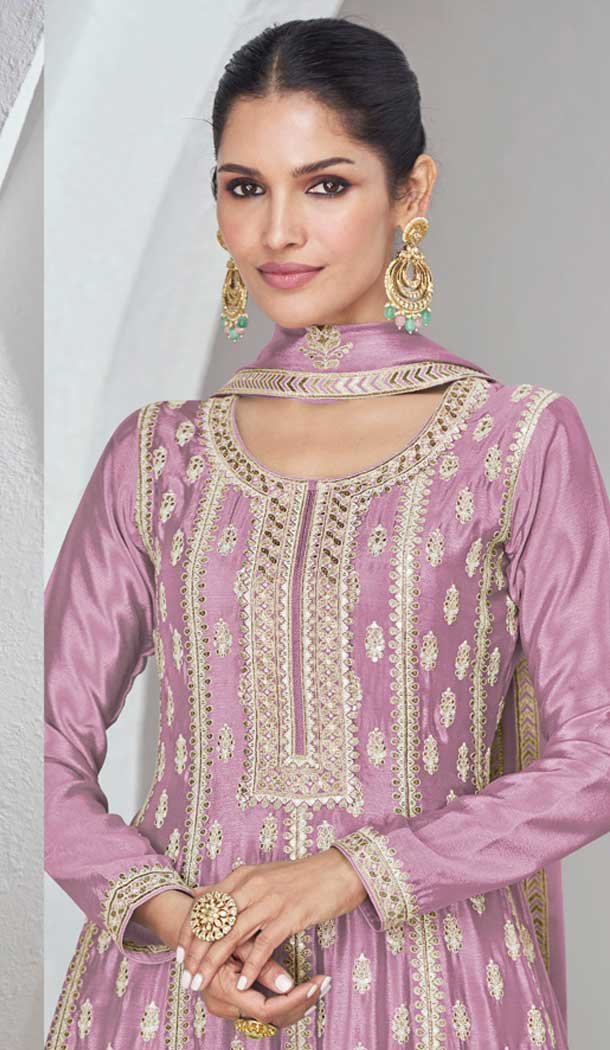 Silk Embroidered Party Wear Palazzo Salwar Kameez In Lavender - 9731189119