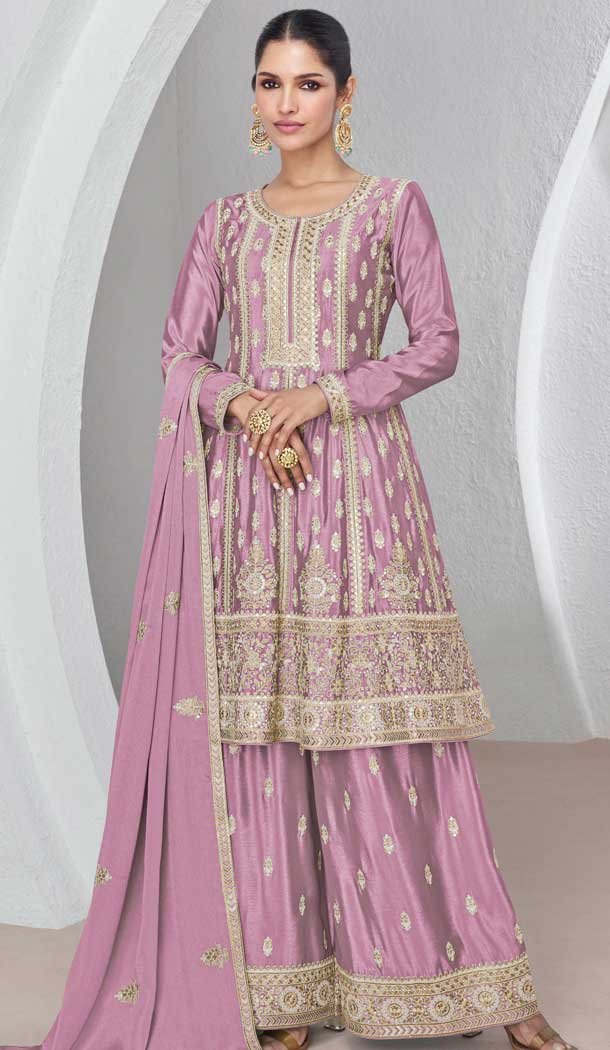 Silk Embroidered Party Wear Palazzo Salwar Kameez In Lavender - 9731189119